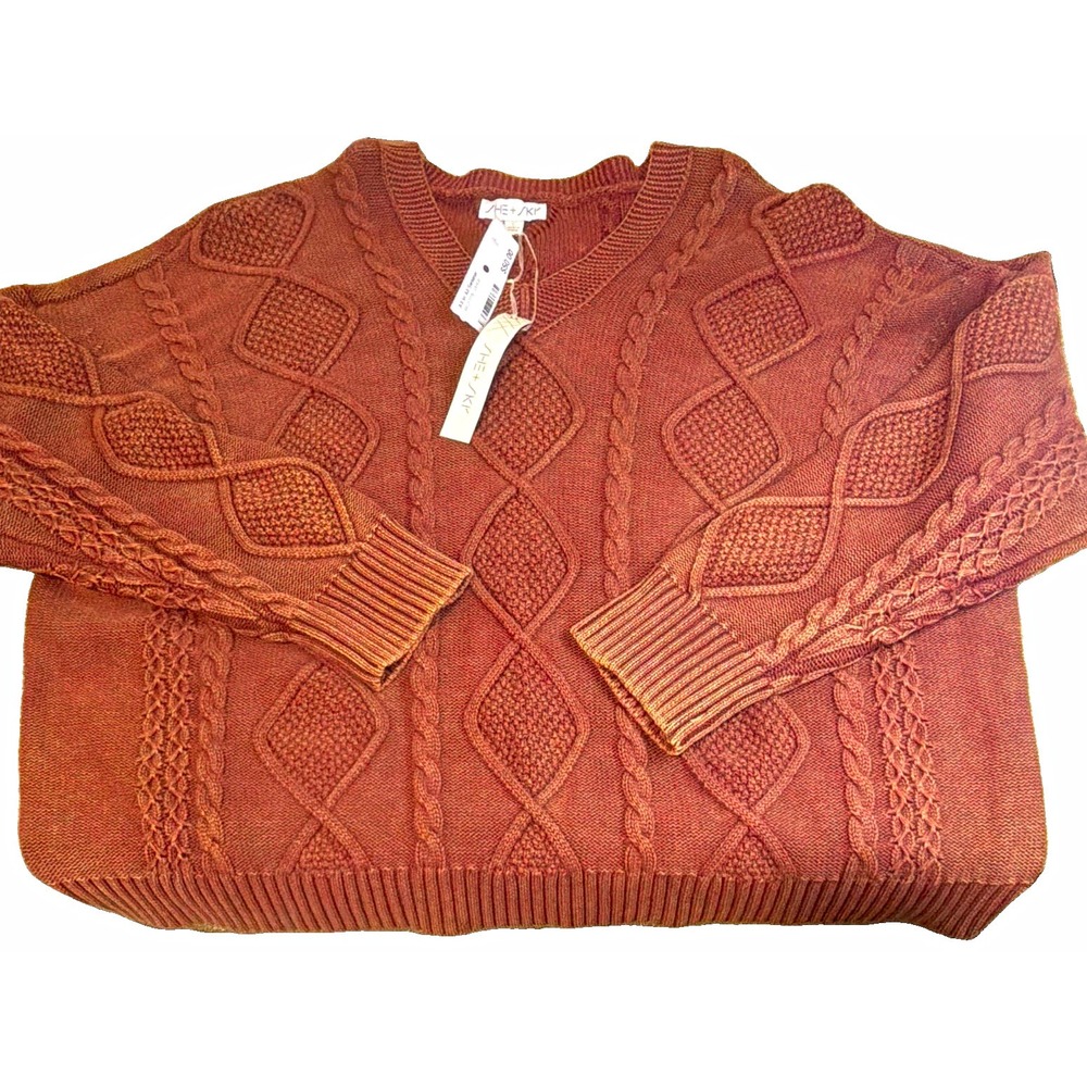SHE + SKY Women's V-Neck Cable Knit Cotton Pullover Sweater Rust Brown L SY6862